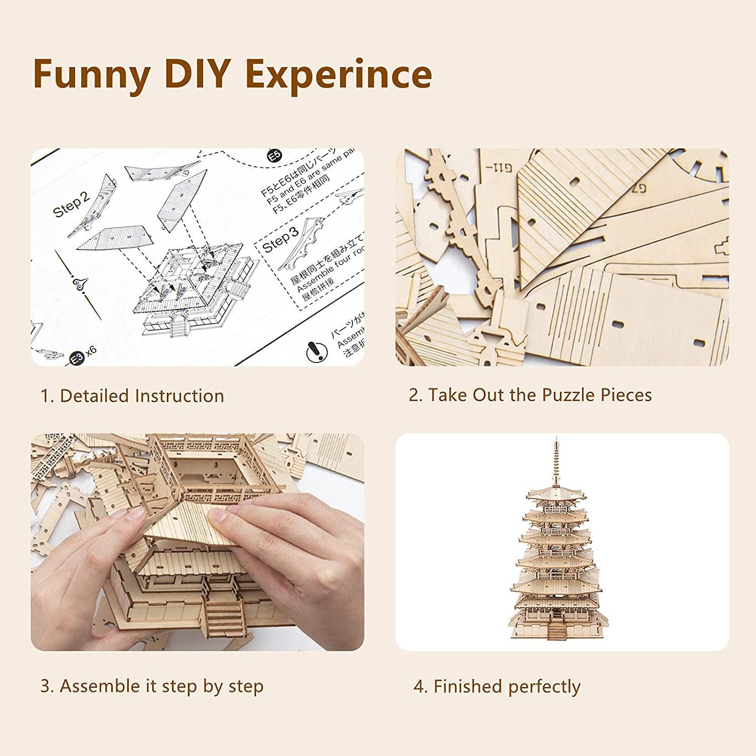 3D Puzzle Wooden Craft Kits for Adults DIY Model Building Kit Best Gift for Kids (Five-Storied Pagoda) - WoodArtSupply