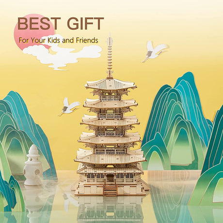 Five-Storied Pagoda 3D Wooden Puzzle Kit - Unique DIY Craft for All Ages WoodArtSupply