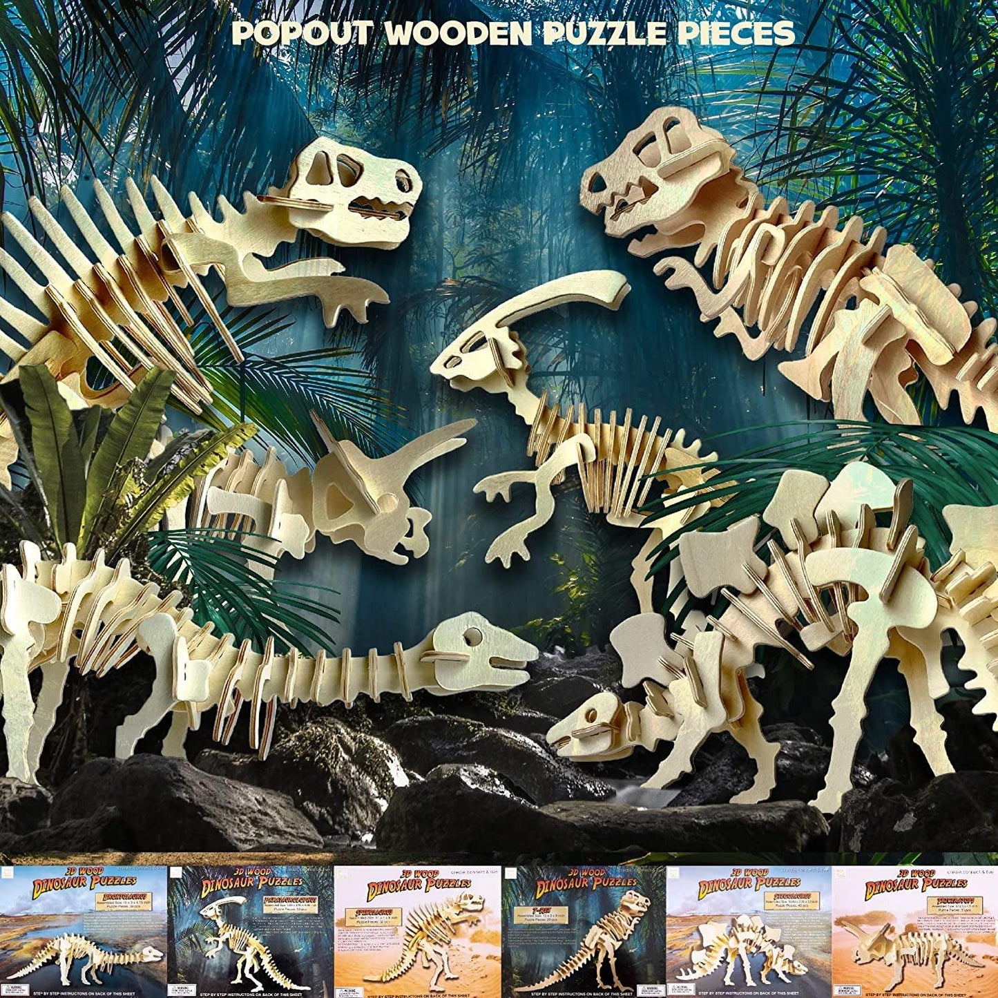 3D Wooden Dinosaur Model Puzzles (Makes 6 Dinos) Crafts for Kids Boys and Girls - WoodArtSupply