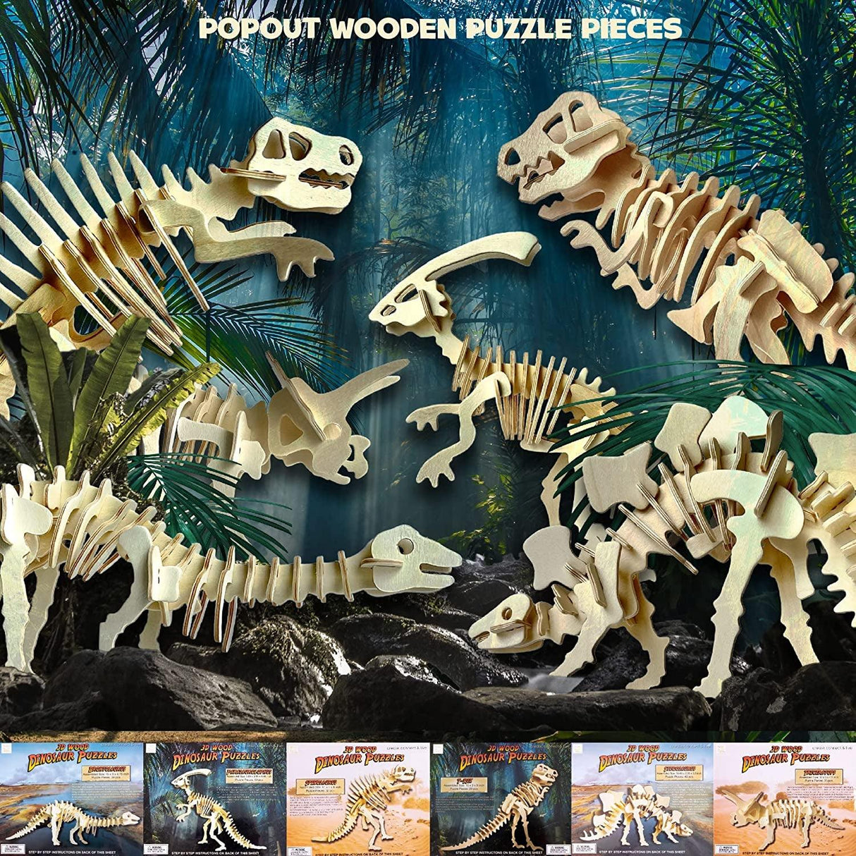 3D Wooden Dinosaur Puzzle Kit - Build 6 Unique Dino Models for Kids WoodArtSupply