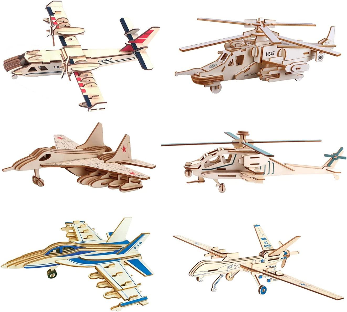 3D Wooden Puzzle - 6 Piece Set Aircraft & Helicopter Wooden Crafts Assembly Building Model Kits - WoodArtSupply