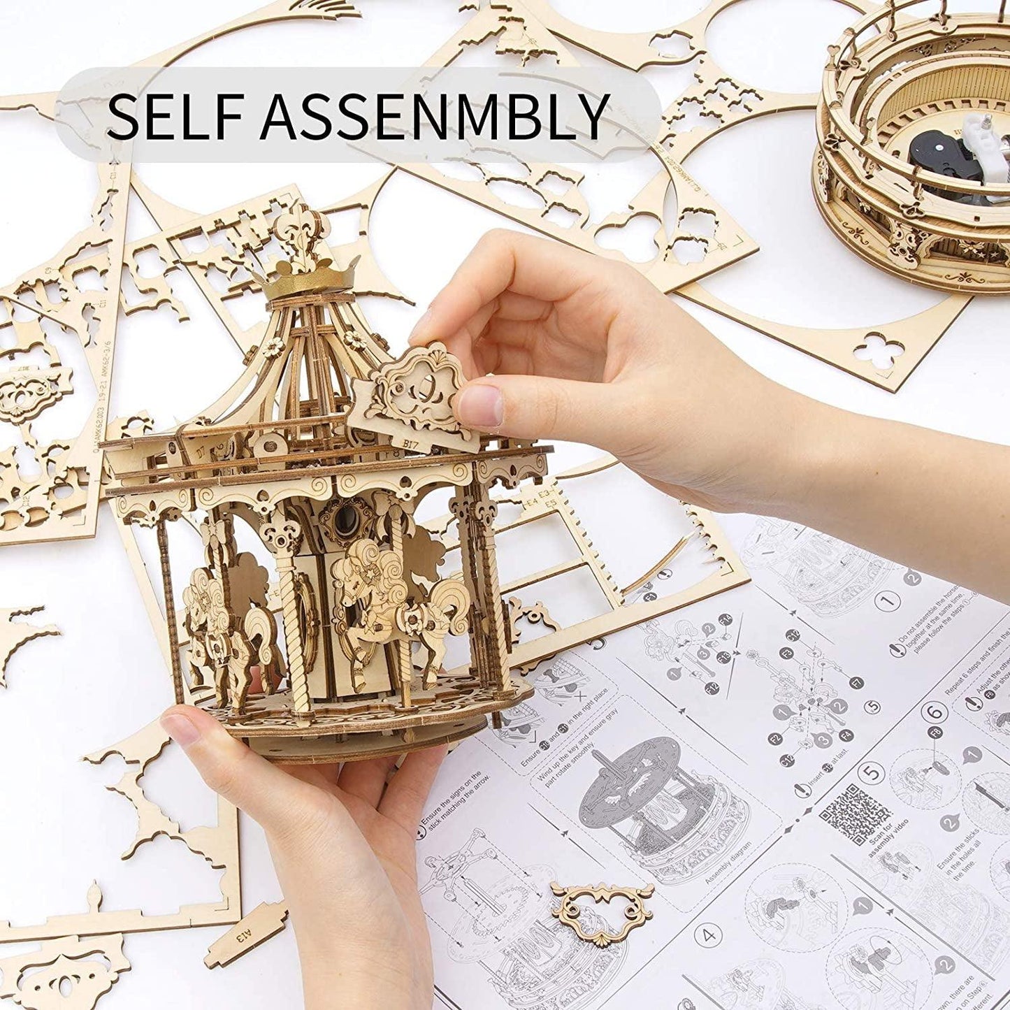 3D Wooden Puzzle Carousel Model Building Kits Rotating 5-Horses Music Box Christmas Birthday Gift - WoodArtSupply