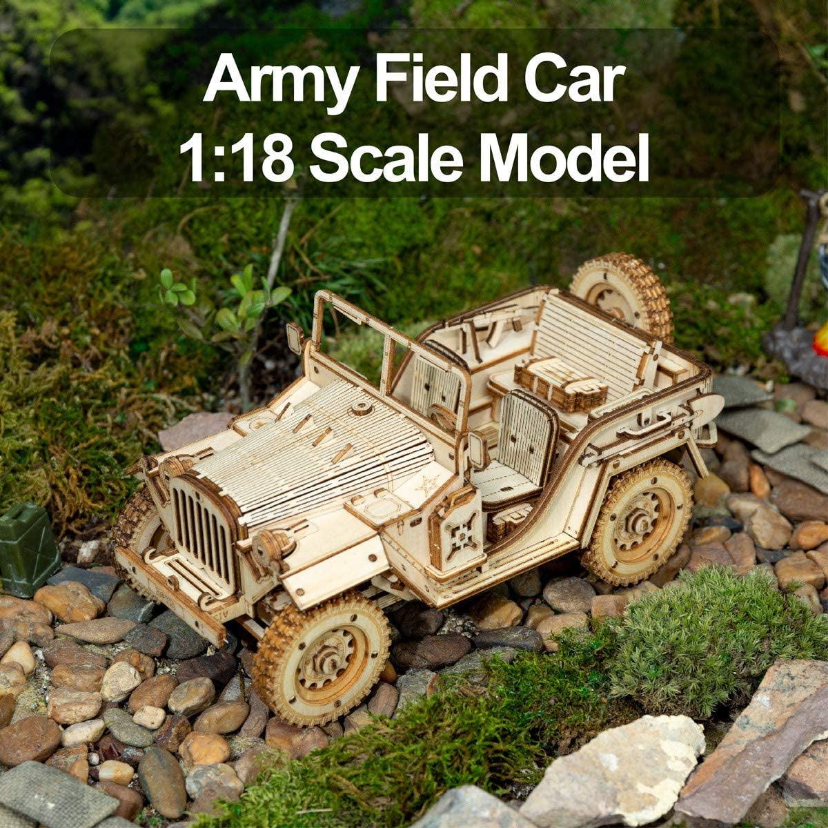 3D Wooden Puzzle Mechanical Car Model Kits Brain Teaser Building Unique (1:18 Scale) (Mc701-Army Field Car) - WoodArtSupply