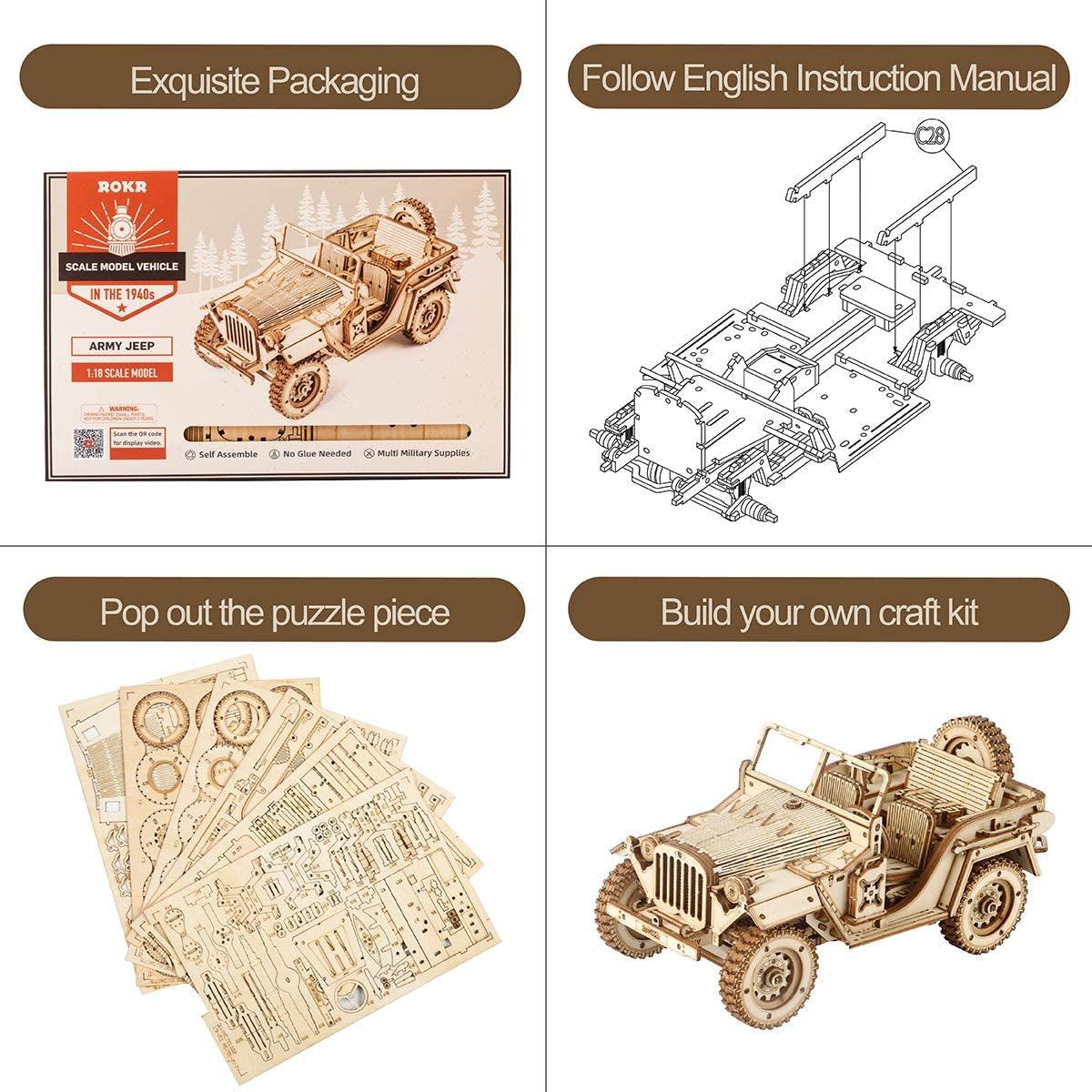 3D Wooden Puzzle Mechanical Car Model Kits Brain Teaser Building Unique (1:18 Scale) (Mc701-Army Field Car) - WoodArtSupply