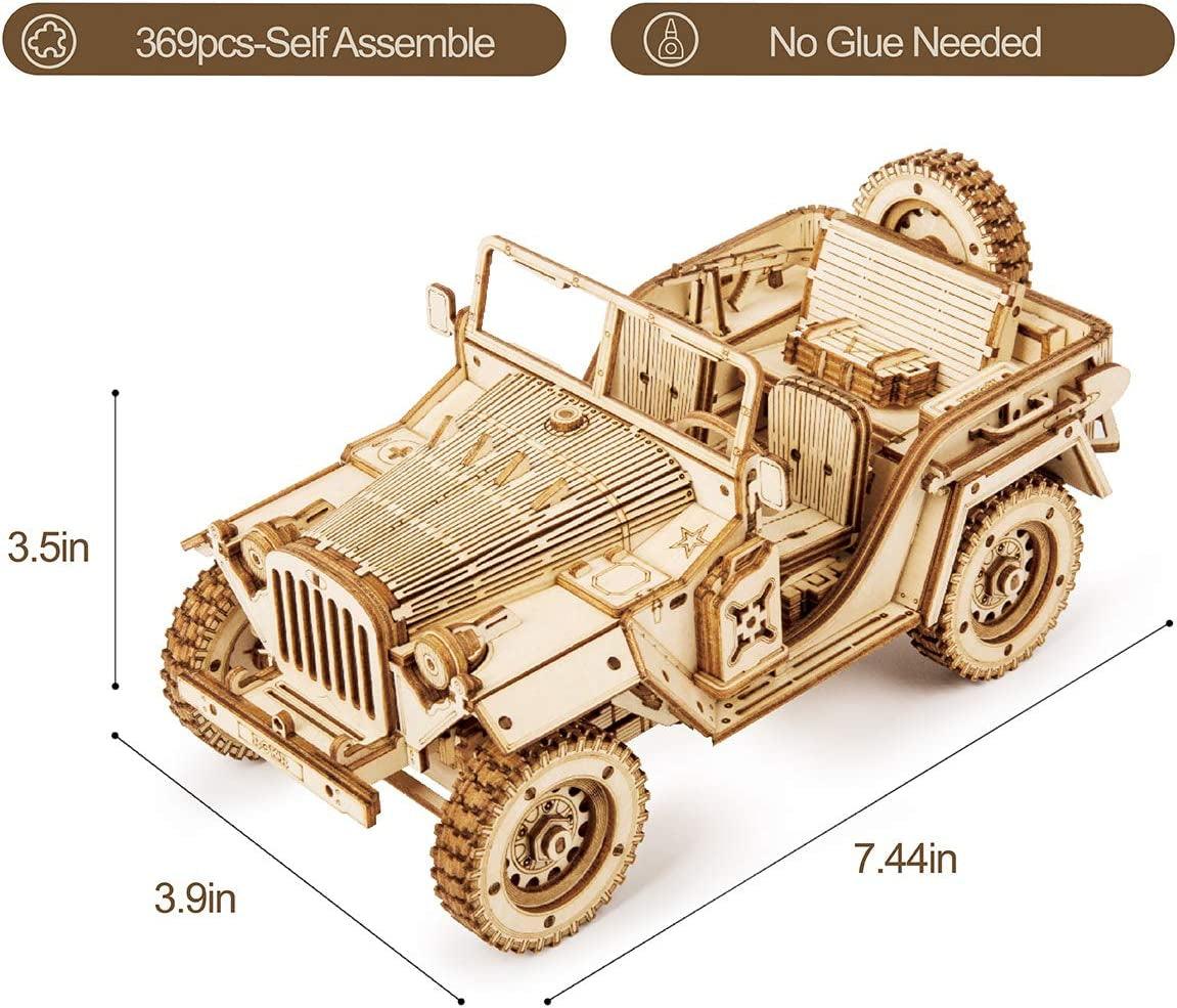 3D Wooden Puzzle Mechanical Car Model Kits Brain Teaser Building Unique (1:18 Scale) (Mc701-Army Field Car) - WoodArtSupply