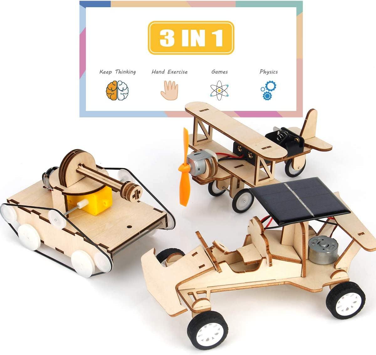 3D Wooden Puzzle Solar Car 3-In-1 STEM Science Kit Toy to Build Wood Models Solar Power Vehicle Electronic Tank and Plane Toys Set, DIY - WoodArtSupply