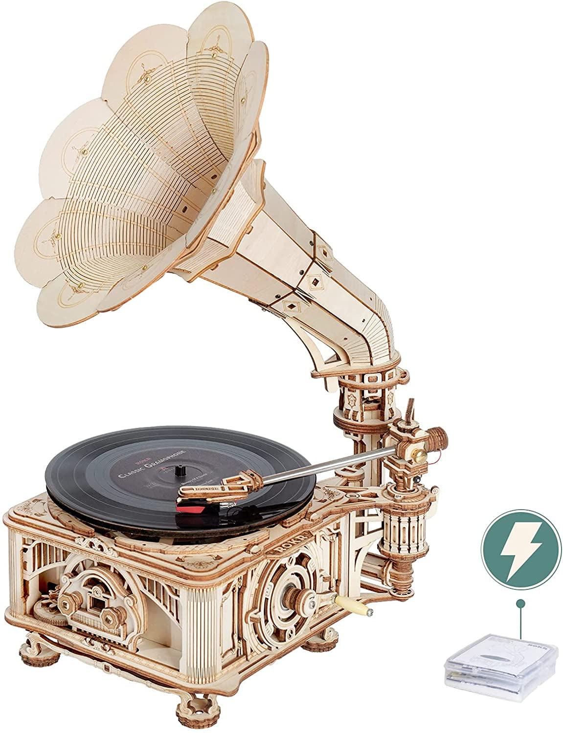 3D Wooden Puzzles Gramophone Model Kits for Adults Handcrank/Electric Mode Self-Assembly Record Player Support 7"/10" Vinyl - WoodArtSupply