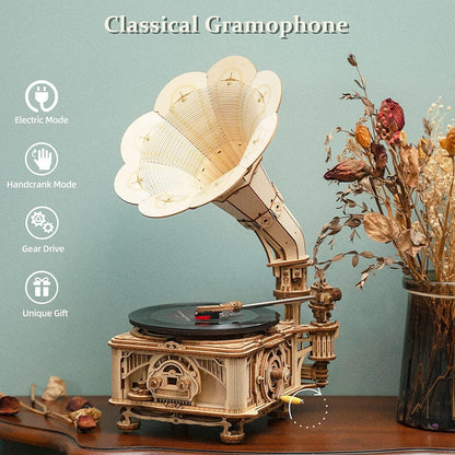 3D Wooden Puzzles Gramophone Model Kits for Adults Handcrank/Electric Mode Self-Assembly Record Player Support 7"/10" Vinyl - WoodArtSupply