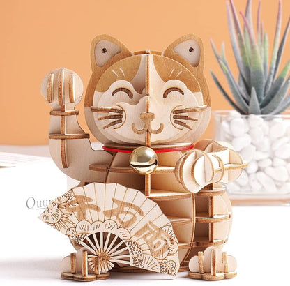 3D Wooden Puzzles Lucky Cat DIY Wood Craft Model Kit Gift for Teens&Adult to Build - WoodArtSupply