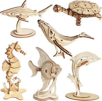 3D Wooden Sea Animal Puzzle - 6 Piece Set Wood Sea Animals Skeleton Assembly Model Kits - WoodArtSupply