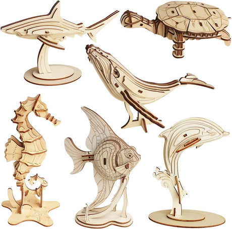 3D Wooden Sea Animal Puzzle - 6 Piece Set Wood Sea Animals Skeleton Assembly Model Kits WoodArtSupply