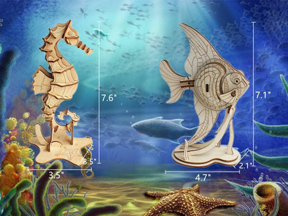 3D Wooden Sea Animal Puzzle - 6 Piece Set Wood Sea Animals Skeleton Assembly Model Kits - WoodArtSupply