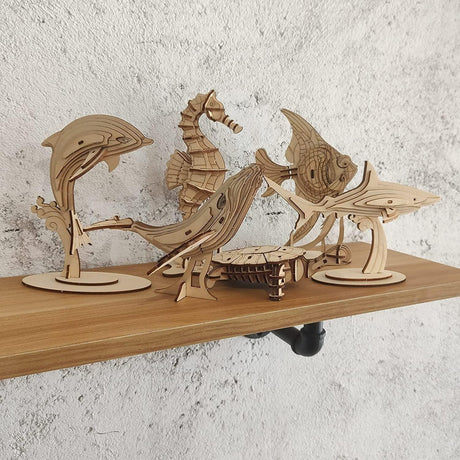 3D Wooden Sea Animal Puzzle - 6 Piece Set Wood Sea Animals Skeleton Assembly Model Kits WoodArtSupply