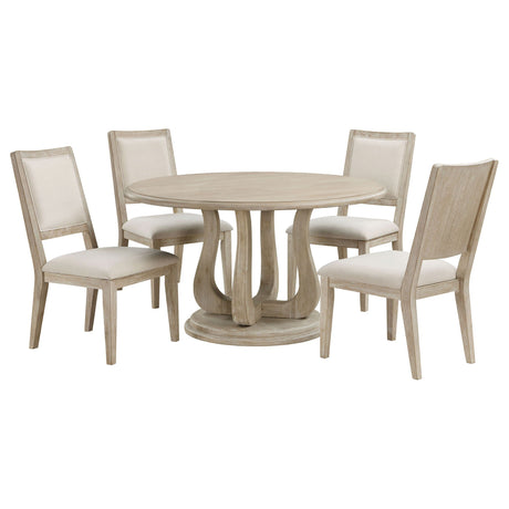 Rodota - 5 Piece Round Dining Table Set With Upholstered Chairs - White Washed HouseOfZazla
