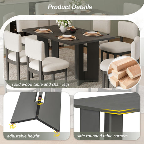 Dining Table Set With 6 Upholstered Chairs, Rectangular Table With Cutout Legs HouseOfZazla