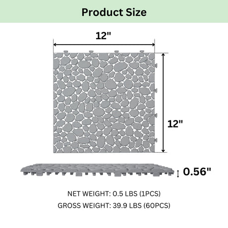 Interlocking Deck Tiles Plastic Waterproof Outdoor All Weather Anti-Slip Bathroom Shower Balcony Porch Strong Weight Capacity Upto 440 Lbs, Pebble Stone Pattern HouseOfZazla