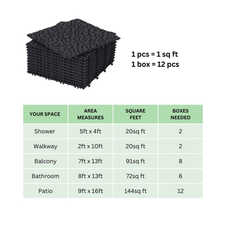 Interlocking Deck Tiles Plastic Waterproof Outdoor All Weather Anti-Slip Bathroom Shower Balcony Porch Strong Weight Capacity Upto 440 Lbs, Pebble Stone Pattern HouseOfZazla