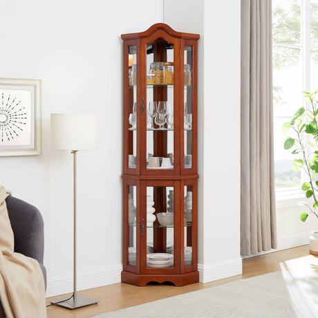 Corner Curio Cabinet With Lights, Adjustable Shelves, Mirrored Back - Walnut HouseOfZazla