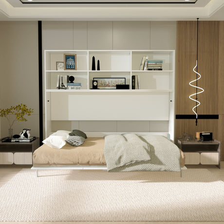 Mordern Design Twin Size Horizontal Murphy Bed With Shelf Storage For Bedroom Or Guestroom Wall Bed Space Saving Hidden Bed With New Style Gas Struts - White HouseOfZazla