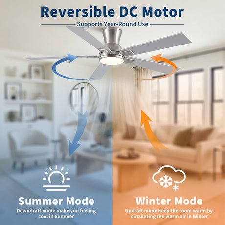 Low Profile Flush Mount Intergrated LED Ceiling Fan With Light And Reversible Quiet Motor HouseOfZazla
