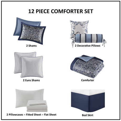 12 Piece Comforter Set with Cotton Bed Sheets Navy Queen HouseOfZazla