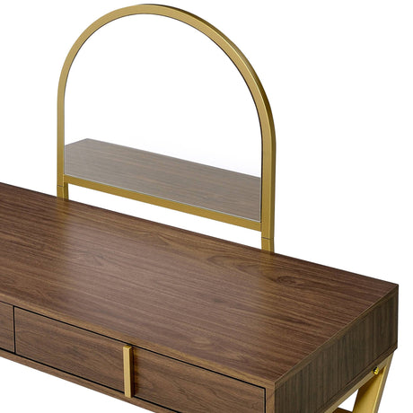 Coleen Walnut & Gold Finish Vanity Desk with Mirror & Jewelry Tray HouseOfZazla