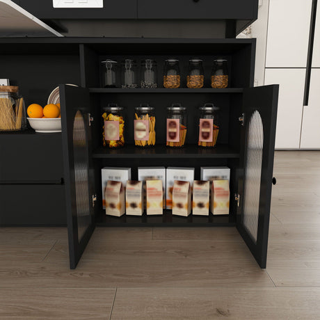 Kitchen Island With Extendable Rotating Table, 4 Drawers & Glass Door Cabinets, Built In Socket - Black HouseOfZazla