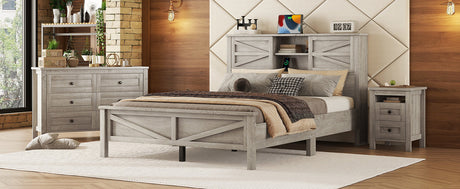 3-Pieces Bedroom Set Queen Size Farmhouse Platform Bed with Storage Headboard and Charging Station HouseOfZazla