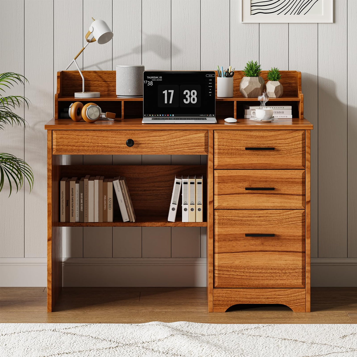 4 EVER WINNER Computer Desk with Drawers, 44 Inch Home Office Desk with Monitor Stand, Farmhouse Study Desk with Storage, Wood Desk with Drawers, Brown 4 EVER WINNER