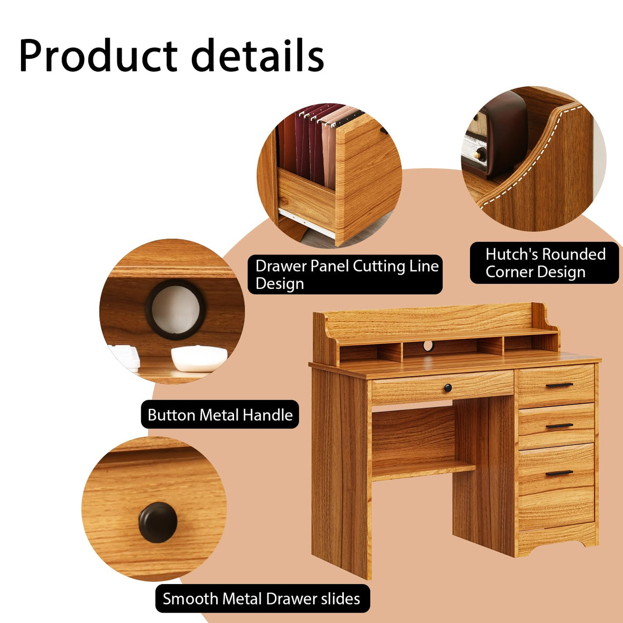 4 EVER WINNER Computer Desk with Drawers, 44 Inch Home Office Desk with Monitor Stand, Farmhouse Study Desk with Storage, Wood Desk with Drawers, Brown 4 EVER WINNER