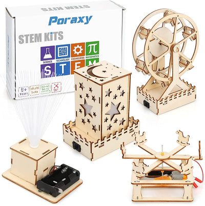 4 in 1 STEM Kit, Wooden Construction Science Projects Mechanical Model Kit, 3D Building Puzzle, DIY Educational Toys