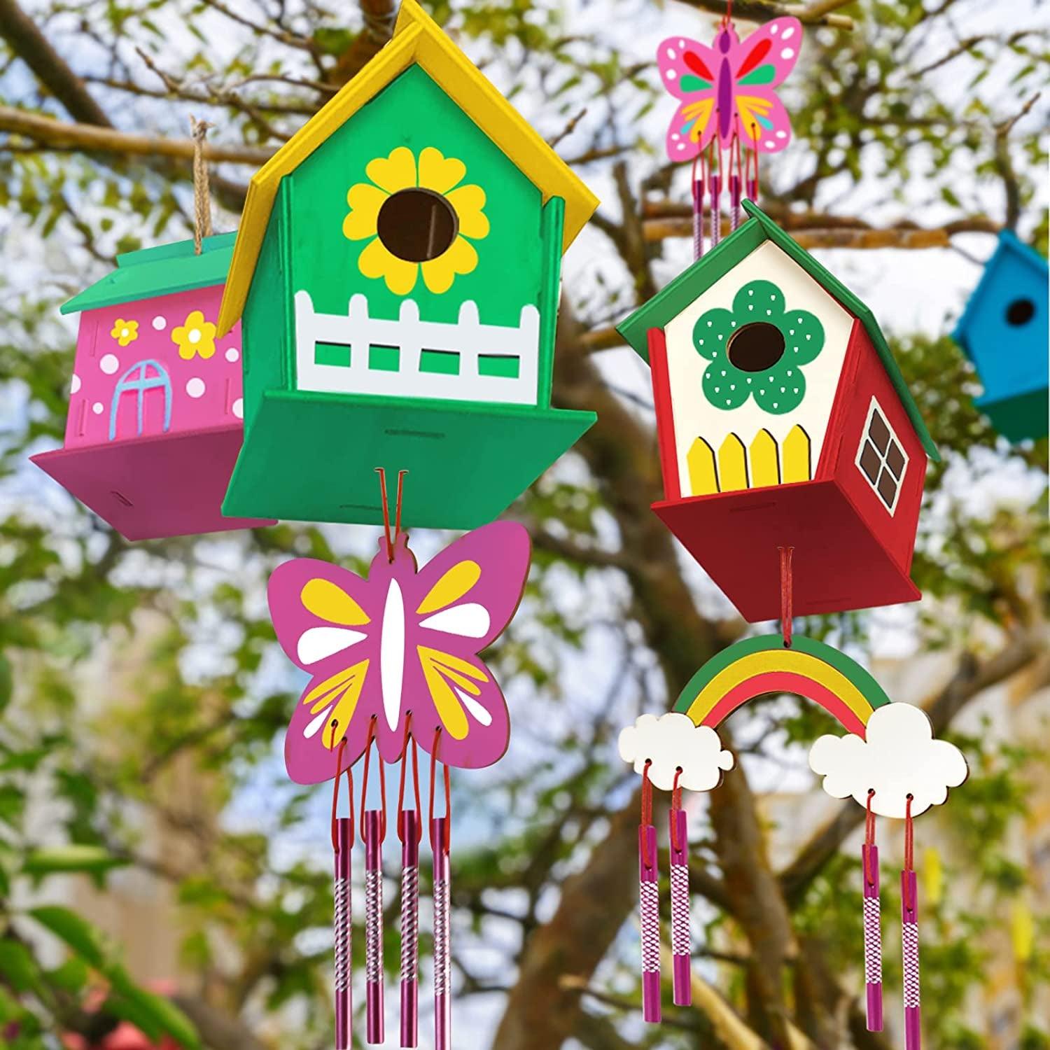 4 Pack DIY Bird House Wind Chime Kit - Build and Paint Birdhouses Wooden Arts Kits - WoodArtSupply