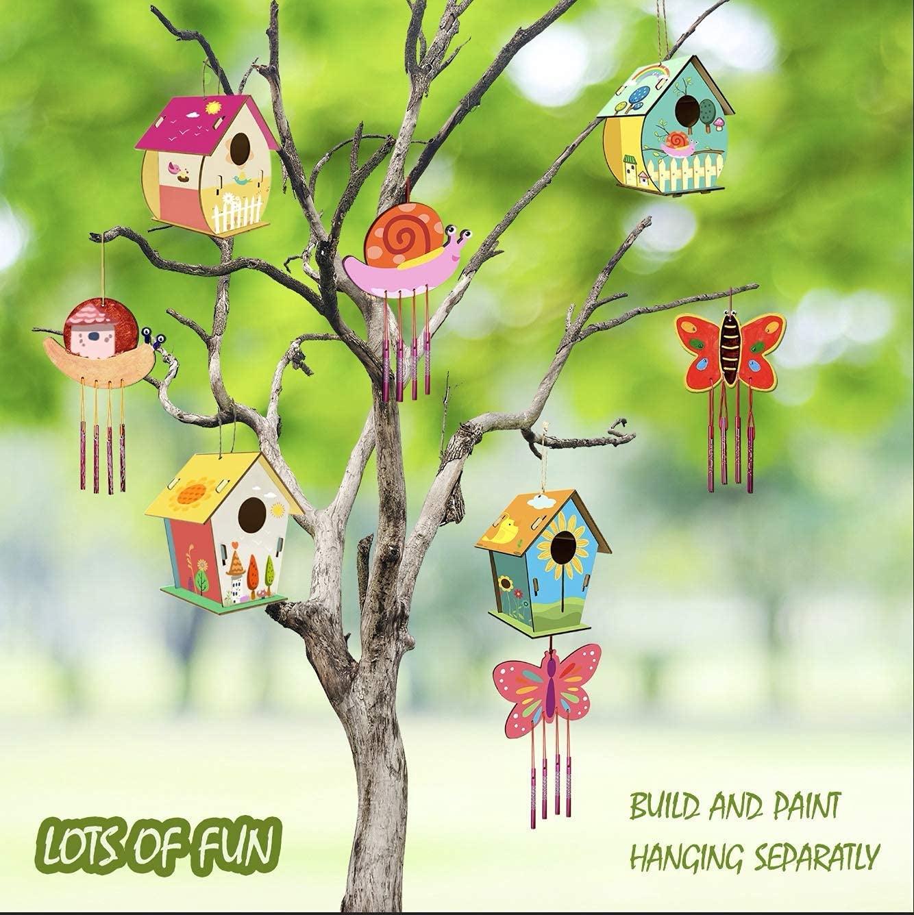 4 Pack DIY Bird House Wind Chime Kits for Children to Build and Paint, Wooden Arts and Crafts - WoodArtSupply