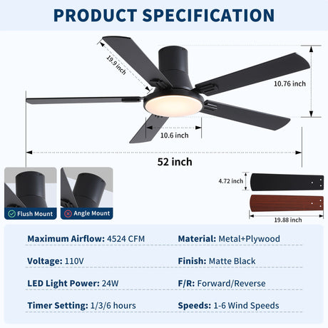 Flush Mount Ceiling Fans With LED Light And Remote Control, 5 Blades HouseOfZazla
