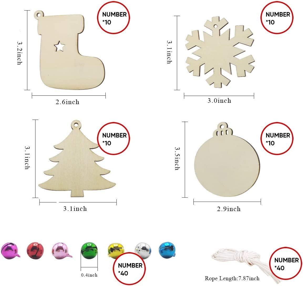 40PCS Christmas Crafts Unfinished Wooden Christmas Ornaments Kit, DIY Ornaments Crafts with 40PCS Colorful Bells and 40PCS Wax Rope - WoodArtSupply