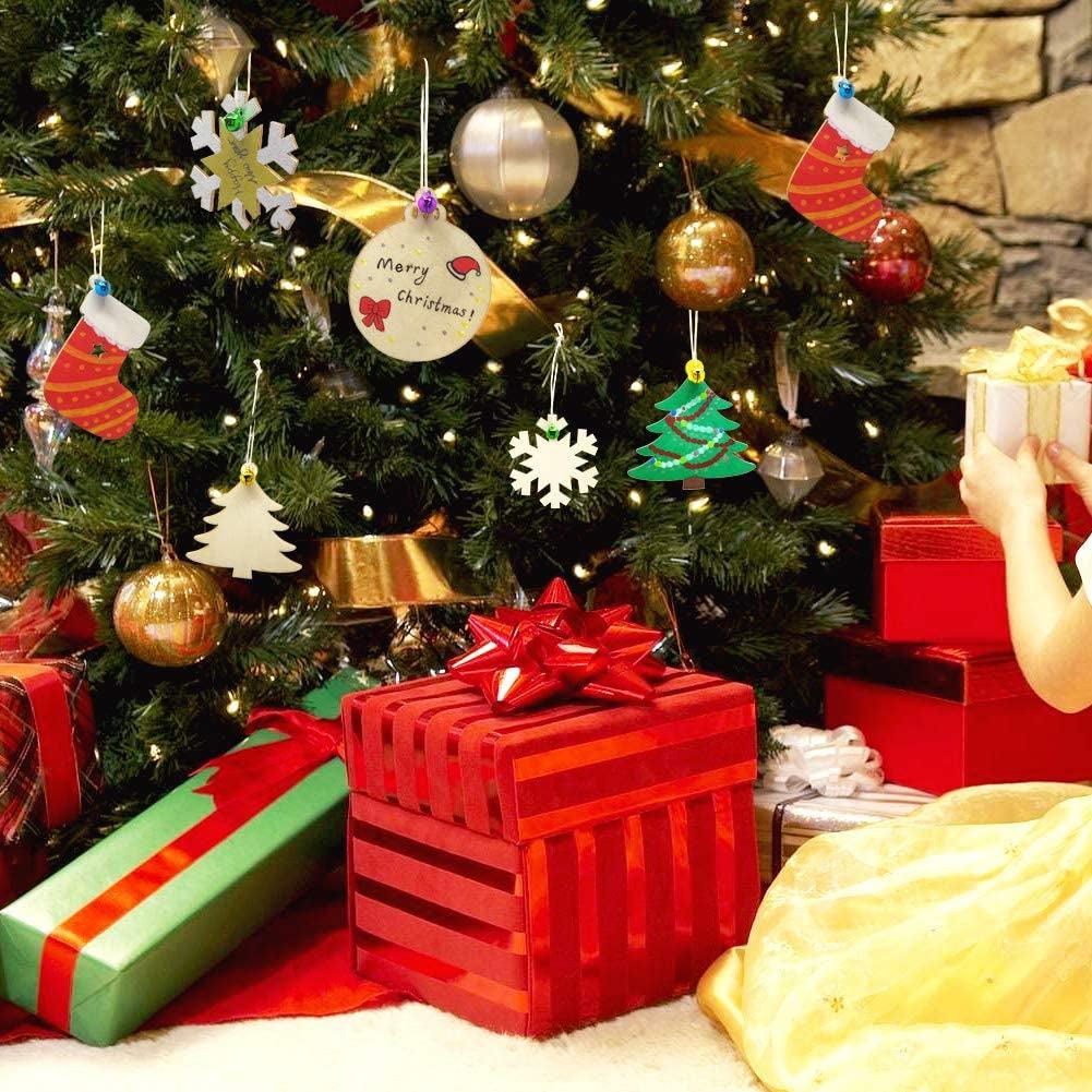 40PCS Christmas Crafts Unfinished Wooden Christmas Ornaments Kit, DIY Ornaments Crafts with 40PCS Colorful Bells and 40PCS Wax Rope WoodArtSupply