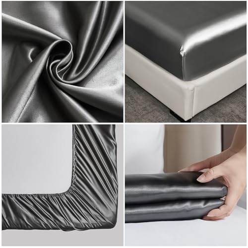 JNTKE Silk Satin Fitted Sheet, King Silky Soft Fitted Bottom Sheet, Luxury & Ultra Bedding Fitted Sheet Single Bottom Bed Sheets, Wrinkle Free, Fade Resistant Bedding, Khaki JNTKE
