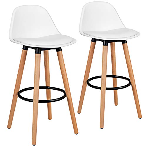 COSTWAY Bar Stools Set of 2, Modern Armless Kitchen Stool with Soft PU Leather Seat, Bar Height Stool with Round Metal Footrest & Comfortable Curved Backrest for Home, Dining Hall (White, 2) COSTWAY
