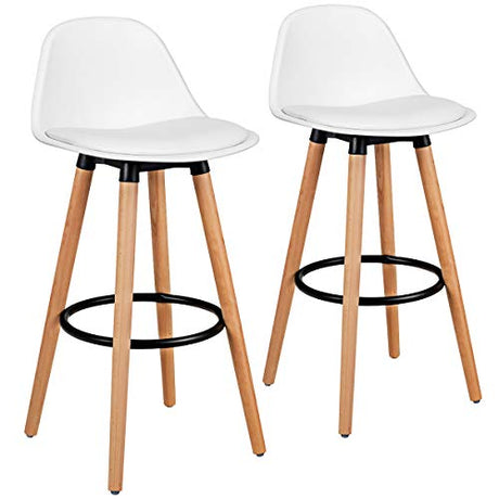 COSTWAY Bar Stools Set of 2, Modern Armless Kitchen Stool with Soft PU Leather Seat, Bar Height Stool with Round Metal Footrest & Comfortable Curved Backrest for Home, Dining Hall (White, 2) COSTWAY