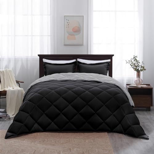 Basic Beyond King Size Comforter Set - Black Comforter Set King, Reversible King Bed Comforter Set for All Seasons, Black/Grey, 1 Comforter (104"x92") and 2 Pillow Shams (20"x36"+2") Basic Beyond