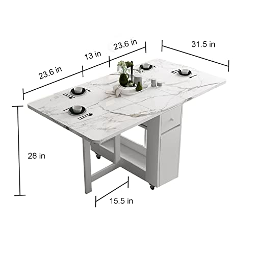 FUNROLUX Folding Dining Table with Rack and 2 Storage Drawers, Movable Extendable Space Saving Kitchen Table in 3 Forms (White) - WoodArtSupply