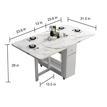 FUNROLUX Folding Dining Table with Rack and 2 Storage Drawers, Movable Extendable Space Saving Kitchen Table in 3 Forms (White) - WoodArtSupply