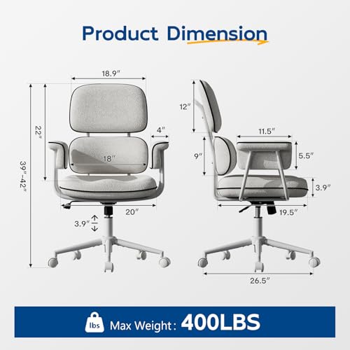 Fabric Office Chair with Granular Linen, Mid Back Vintage Desk Chair with Wheels and Wide Arms, Mid Century Modern Home Office Desk Chairs with Memory Foam Seat Cushion, Adjustable Height, White HomeZeer