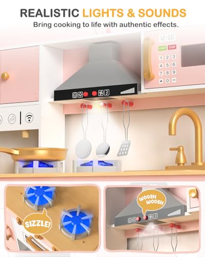 Babytronic Wooden Play Kitchen Set, Pretend Play Kitchen with Lights and Sounds for Kids Ages 3+, Includes Stove, Oven, Microwave, Coffee Maker, and Accessories, Toy Kitchen Set for Toddlers (Pink) Babytronic