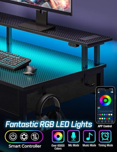 Rolanstar Computer Desk with Power Outlets & LED Light, 39 inch Home Office Desk with 3 Drawers and Storage Shelves, Writing Desk with Monitor Stand, Modern Work Desk for Home Office, Carbon Black Rolanstar