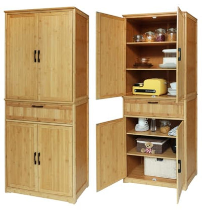 VEIKOU Kitchen Pantry Cabinet Bamboo, 72" Freestanding Kitchen Storage Cabinets with Large Drawer, Tall Enclosed Cupboard with Adjustable Shelves, Natural Color - WoodArtSupply