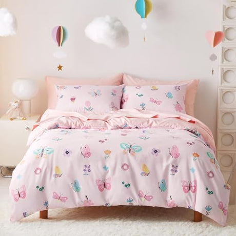 Wake In Cloud - Butterfly Bedding Set for Girls, Cute Colorful Butterfly Flowers Floral Comforter Set with Sheets, 5 Pieces Kids Bed in a Bag, Pink, Twin Size Wake In Cloud