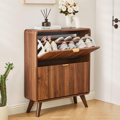 RARZOE Fluted Shoe Storage Cabinet with 2 Flip Drawers, Narrow Curved Shoe Cabinet for Entryway, Freestanding Wood Hidden Shoe Organizer Closed Shoe Rack Cabinet for Foyer, Hallway (27.5''Walnut) RARZOE