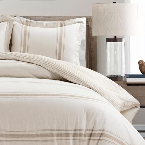 Lush Decor Farmhouse Stripe Reversible Cotton Duvet Cover Queen Size 3 Piece Set Full/Queen Neutral - Farmhouse Bedding Set - Striped Duvet Cover Lush Decor