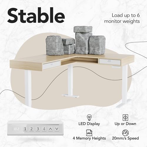 HUANUO U-Shaped Electric Standing Desk with Storage Drawers, Adjustable Height Ergonomic Gaming Desk, Large Sit Stand Up Desk with Power Strip Tray & Cable Grommets for Home Office, Light Walnut HUANUO